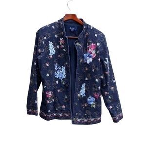 Denim & Co Jean Jacket Boho Novelty Whimsical Floral Embroidered Dark Wash Sz M